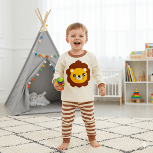 Pyjama enfant 2 pièces en coton – Lion à rayures marron